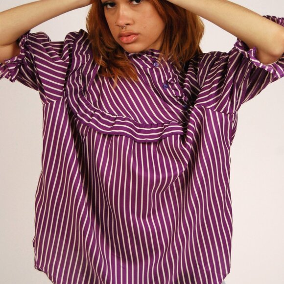 70s Ruffle Top (2XL) vintage purple stripe oversize white blouse disco funky 60s - Picture 4 of 8